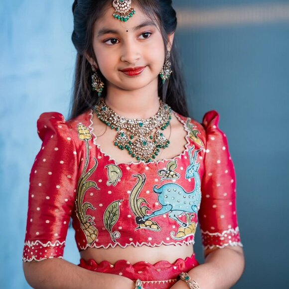 Kalam Kari Printed &  Embroidered Girl's Lehenga - Picture 9 of 12